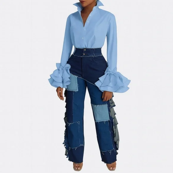 Fringe Drama Patchwork Jeans – High Waist Flare Denim in Plus Sizes - Picture 2 of 6